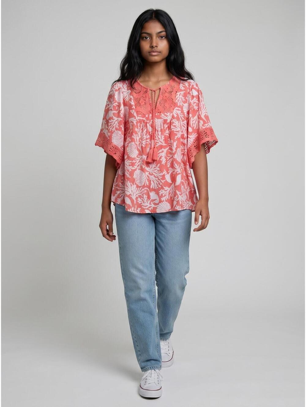Counterparts Peasant Top-XL-Coral & White